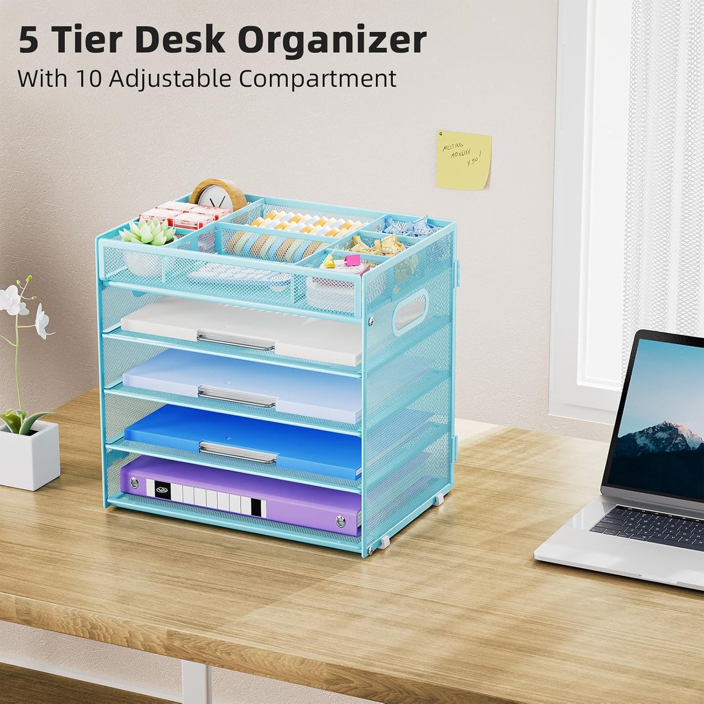 Marbrasse 5-Tier Letter Tray Paper Organizer with Handle, Multi-Functional Mesh File Organizer for Desk, Adjustable Compartments Mesh Desktop Storage for Office Supplies,Black