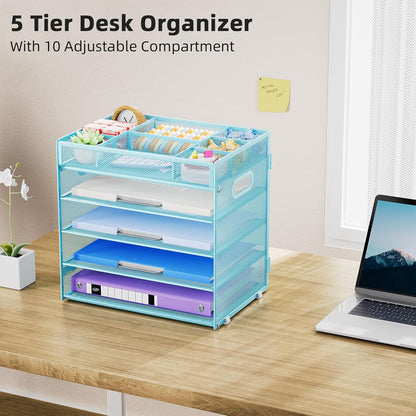 Marbrasse 5-Tier Letter Tray Paper Organizer with Handle, Multi-Functional Mesh File Organizer for Desk, Adjustable Compartments Mesh Desktop Storage for Office Supplies,Black