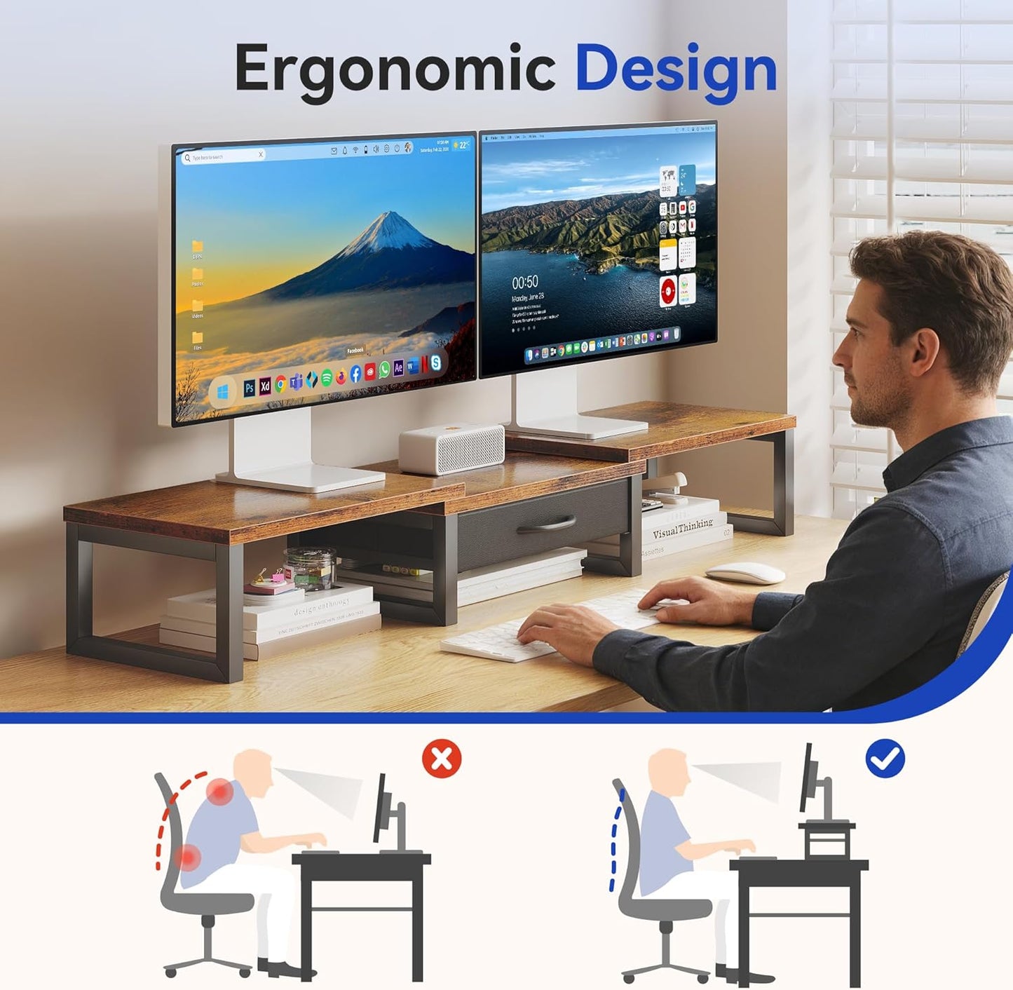 Dual Monitor Stand Riser, Desk Organizers and Accessories with Drawer, Computer Monitor Stands for Desk, Adjustable Desktop Shelf for PC Laptop Printer TV, Black