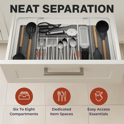 Masirs Expandable Utensil Drawer Organizer - BPA-Free Plastic Clear Silverware Tray with Multiple Compartments - Non-Slip Cutlery Storage for Kitchen, Bathroom, or Office Drawers (Clear)