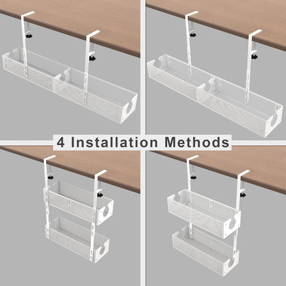 Under Desk Cable Management Tray - Fits up to 1.77" Thick Desks, No-Drill Clamp-on Wire Organizer, Reversible Inward/Outward Install, Heavy Duty Metal Power Strip Holder for Home Office & Gaming Desk