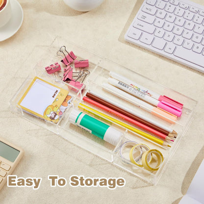 Briwooody 3 Pcs Clear Acrylic Desk Drawer Organizer 13.7 x 8.7 x 2 Inch Drawer Organizer Trays with 8 Compartments Desk Accessories for Office Makeup Silverware Bathroom