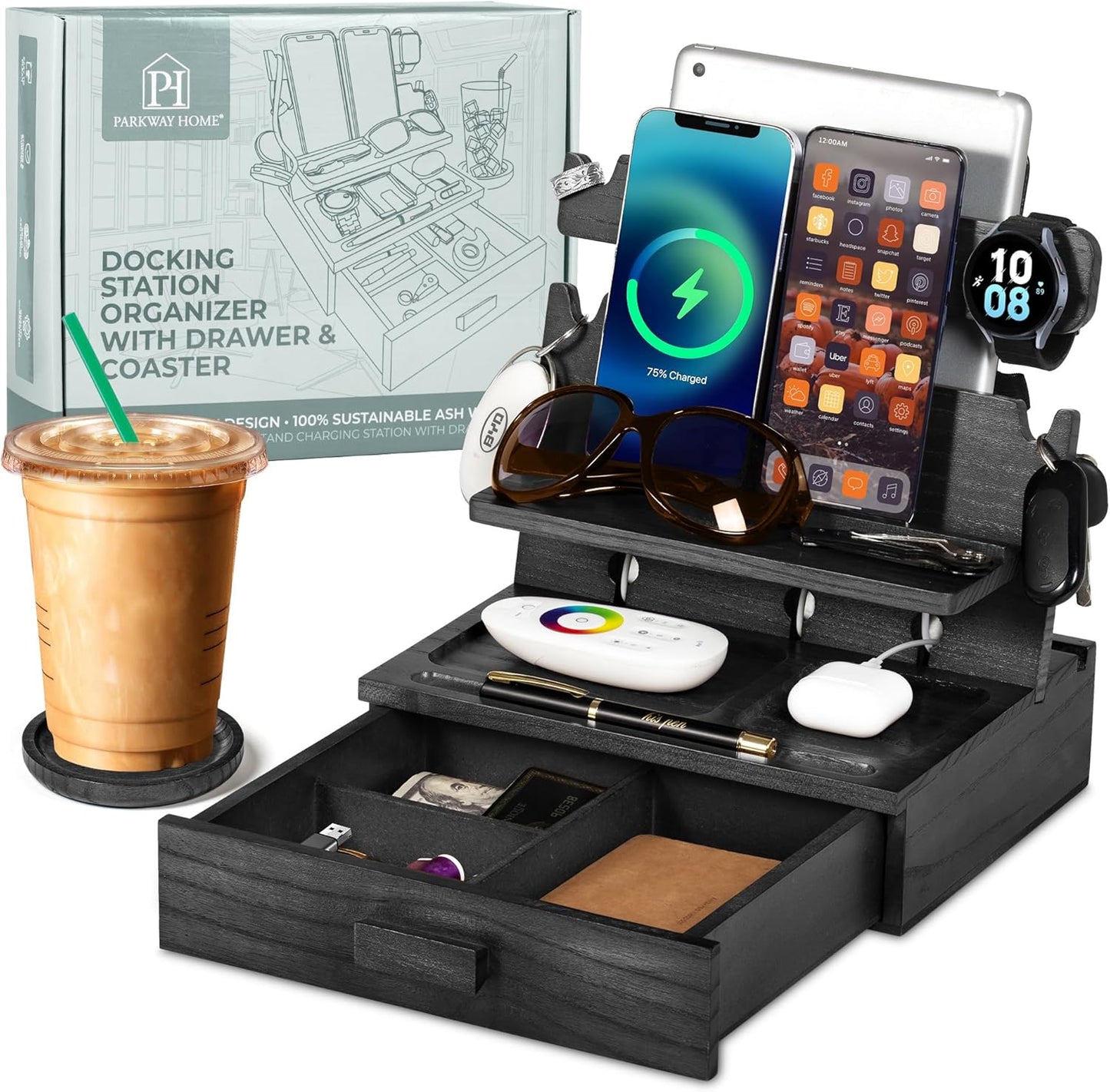 Black Wood Phone Docking Station for up to 3 Phones - Nightstand Organizer with Drawer for Valuables for Men & Women, Compatible With Apple Watch, Holds Phones, Tablets, Keys, Rings, Glasses, EDC