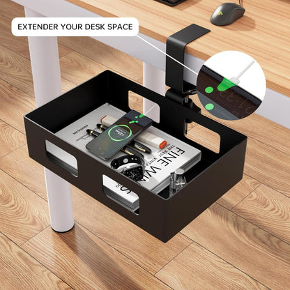 Clamp-on Side Desk Swivel Organizer, Under Desk Hidden Storage Drawer with Cable Hole, Hanging Desk Rotated Metal Basket for Extender Desk Space