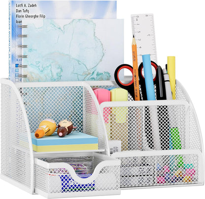 EasyPAG Mesh Desk Organizer with Drawer Multi-functional Pen Holder Stationery Organizer for Office School Supplies 6 Compartments Dorm Organizers and Storage for Desk, Black