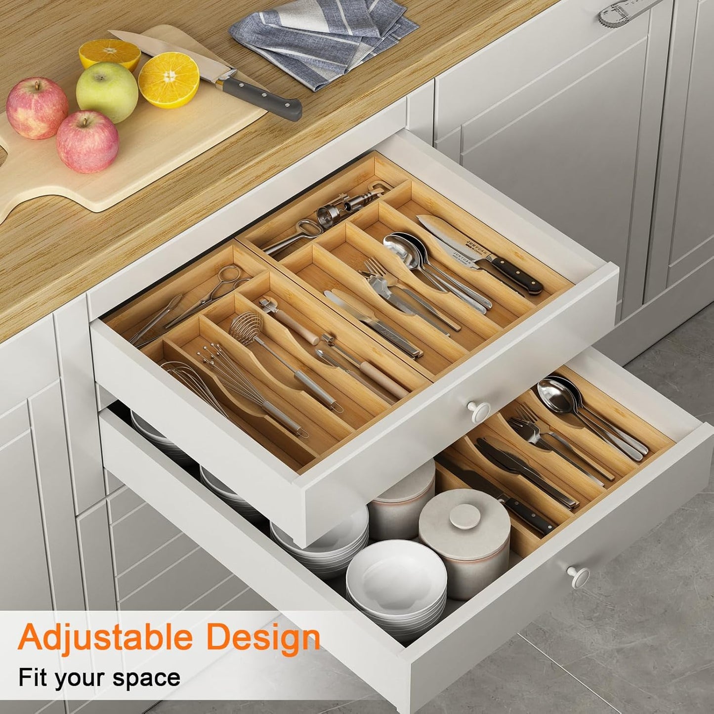 Youpehom Bamboo Utensil Organizer for Kitchen Drawers, Expandable Utensil Tray and Cutlery Silverware Holder,Wood Drawer Dividers with 7 Adjustable Slots