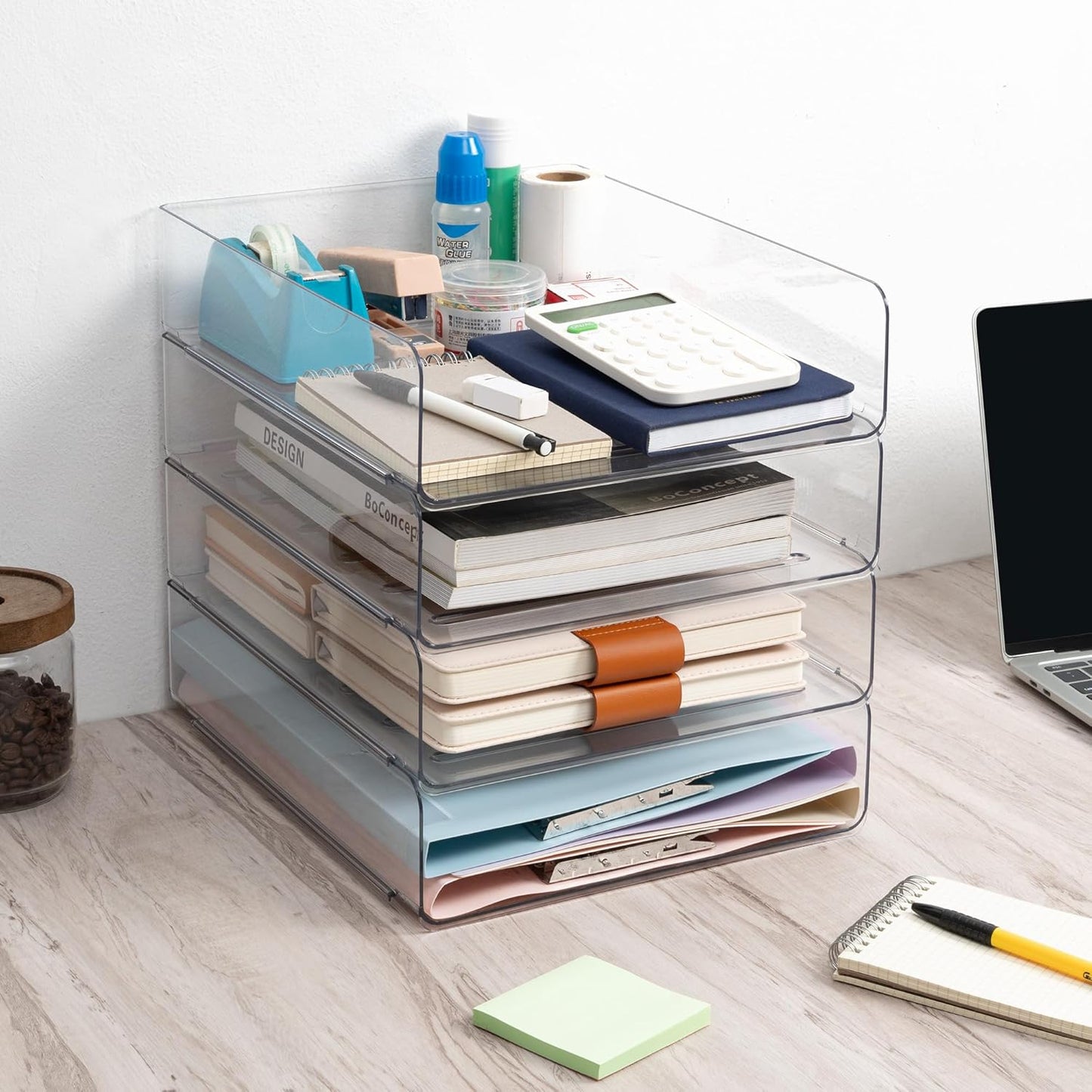 Tiawudi Desk Organizer, Clear Office Organization and Storage, Plastic Letter Tray, Stackable File Organizer for Classroom, Home, Documents, Notes, Folders, Books and Pens, 4 Tier