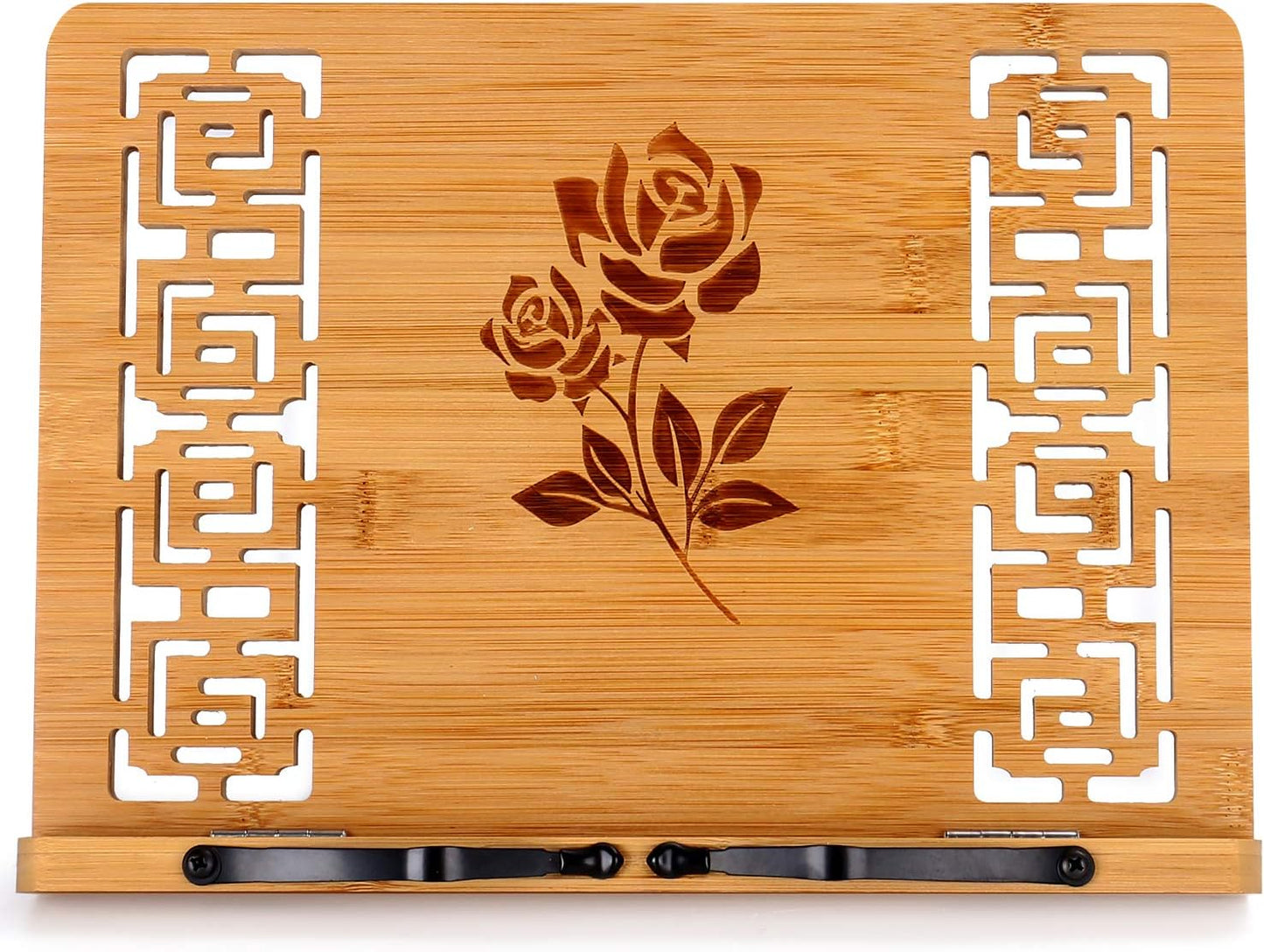 MEGREZ Bamboo Book Stand (13.2 x 9.4 inch) for Reading, Kitchen Cookbook Holder, Adjustable for Tablet/Textbook, Hollow Bookrest, Panda