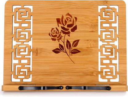 MEGREZ Bamboo Book Stand (13.2 x 9.4 inch) for Reading, Kitchen Cookbook Holder, Adjustable for Tablet/Textbook, Hollow Bookrest, Panda