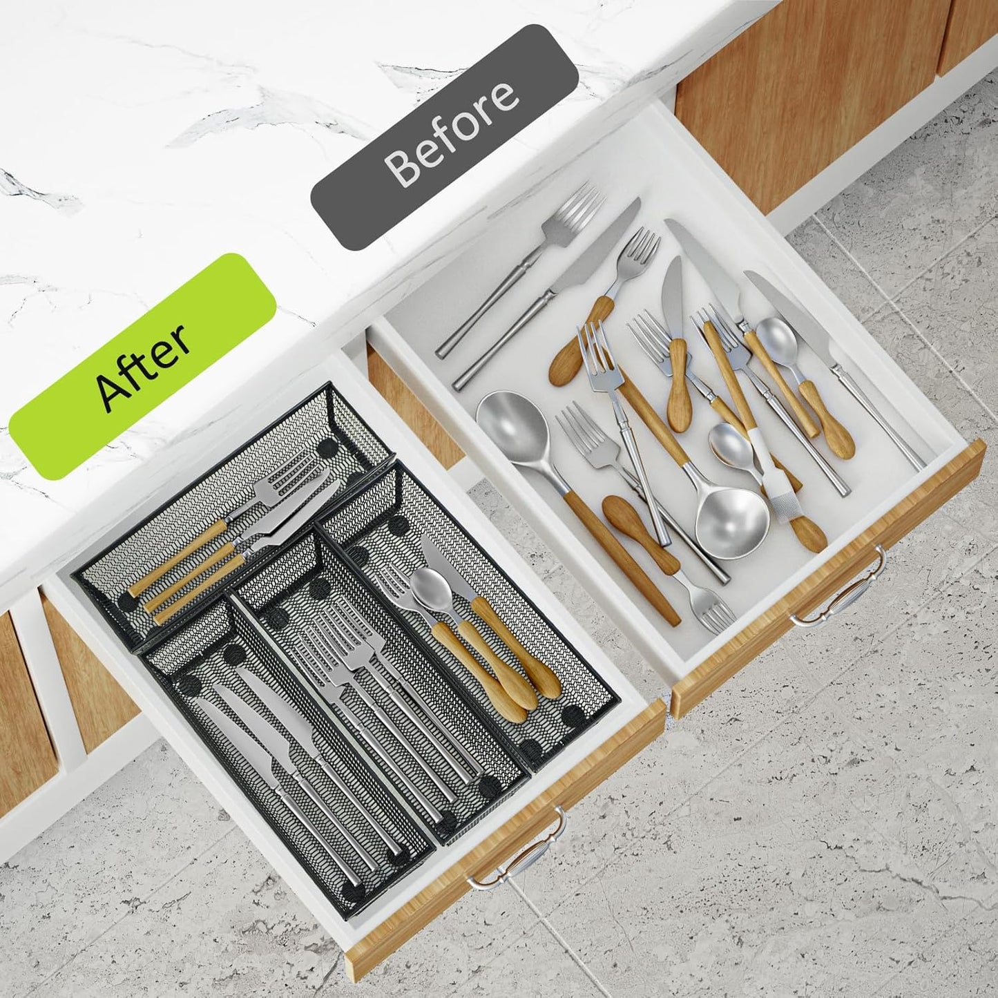 Neudeco Drawer Organizer Set 6 Pack - 5-Compartment Silverware Organizer Tray + 5 Utensil Trays, Kitchen Drawer Organizer for Flatware, Cutlery, Office Supplies, Black Mesh, Non-Slip.