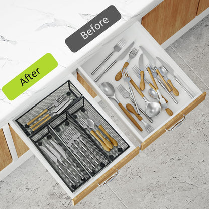 Neudeco Drawer Organizer Set 6 Pack - 5-Compartment Silverware Organizer Tray + 5 Utensil Trays, Kitchen Drawer Organizer for Flatware, Cutlery, Office Supplies, Black Mesh, Non-Slip.