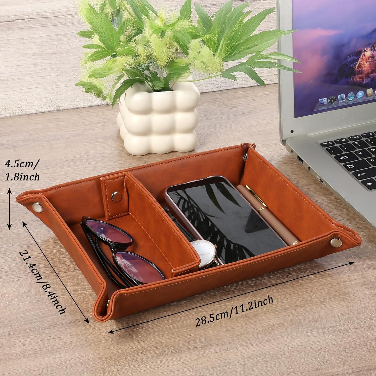 Vintage Valet Tray Set of 2, Foldable PU Leather Catchall Organizer with Removable Dividers for Desktop, Nightstand, Dresser - Dark Brown, 11.2"x8.4"x1.8"