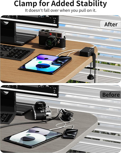 HOPOW Desk Clamp Power Strip, Desktop Mount Charging Station with 4 Outlets 4 USB Ports (2 USB C), 10Ft Under Desk Power Strip, Fits 2.75" Tabletop Edge, Extension Cord for Home Office, Black