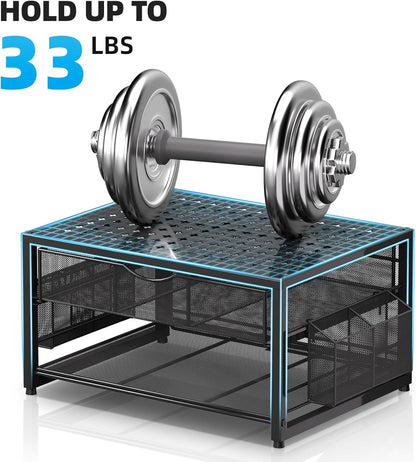Marbrasse Metal Printer Stand for Desk with Storage Drawer and 2 Pen Holders, 2-Tier Desktop Organizer Printer Table for Home Office, Multi-Purpose Desk Organizer for Fax Machine Scanner Files(Black)