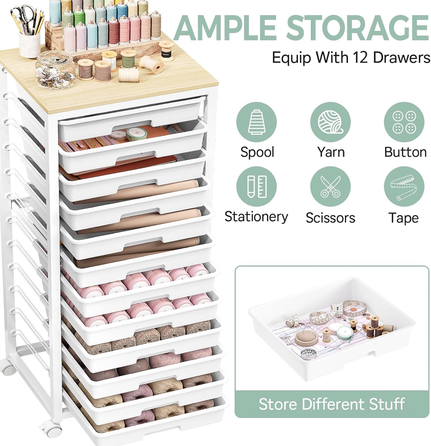 SYKIARIOL Rolling Storage Utility Cart with 6 Drawers and Wooden Tabletop for Under Desk Storage,White