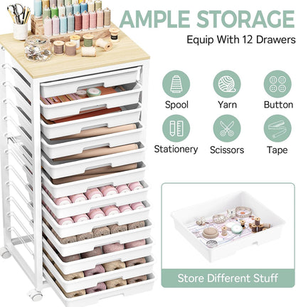 SYKIARIOL Rolling Storage Utility Cart with 6 Drawers and Wooden Tabletop for Under Desk Storage,White