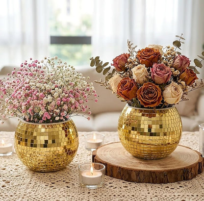 Disco Ball Makeup Brush Holder & Pen Cup - Fun Desk Accessories for Office, Cute Aesthetic Room Decor, 4.7 inch Unique gift vase for Her (rosegold)