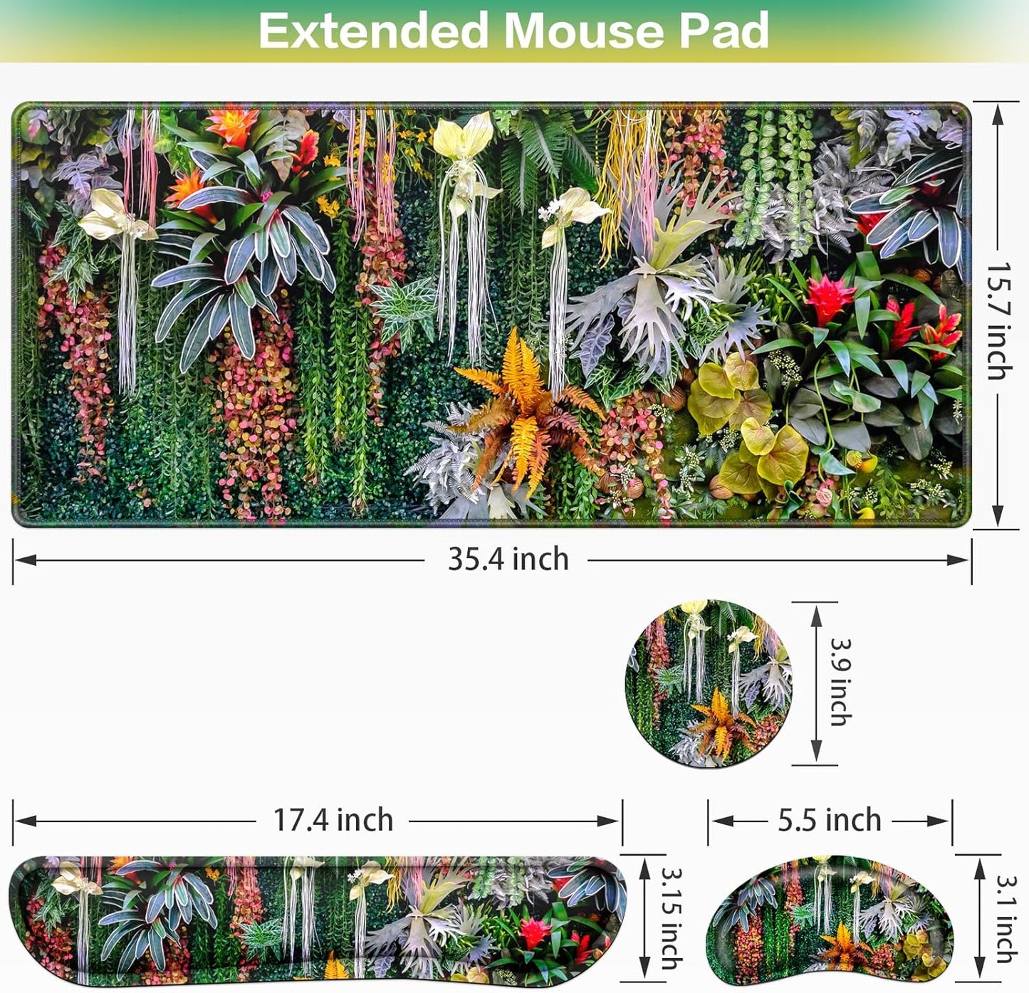 Desk Mat, Large Gaming Mouse Pad with Wrist Rest, 4in1 XXL Mousepad+Keyboard Wrist Rest+Mouse Pad Wrist Support+Cup Coaster Set Ergonomic Floral Computer Desk Arm Wrist for Decor Home Office Women