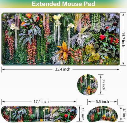 Desk Mat, Large Gaming Mouse Pad with Wrist Rest, 4in1 XXL Mousepad+Keyboard Wrist Rest+Mouse Pad Wrist Support+Cup Coaster Set Ergonomic Floral Computer Desk Arm Wrist for Decor Home Office Women