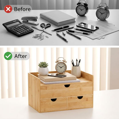 Desk Organizer with Drawers - Bamboo Desktop Organizer Storage | Wood Desk Drawers Organizer for Bills, Office Supplies, Cosmetics, Seals No Assembly Required (3 Drawer with Big Drawer)