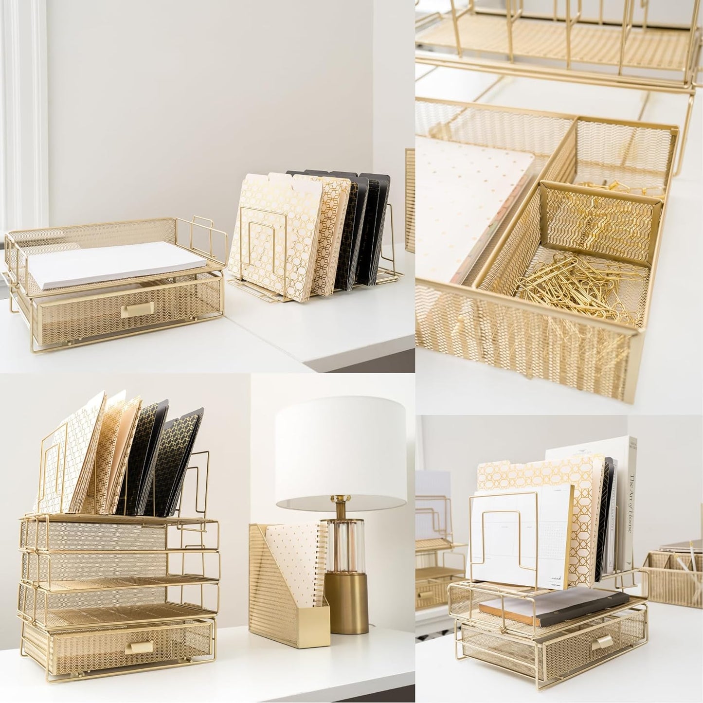 BLU MONACO | Gold Desk Organizer Set with Detachable File Organizer, Stackable Paper Tray & Storage Drawer | Stylish Gold Desk Accessories for Women & Office Organization