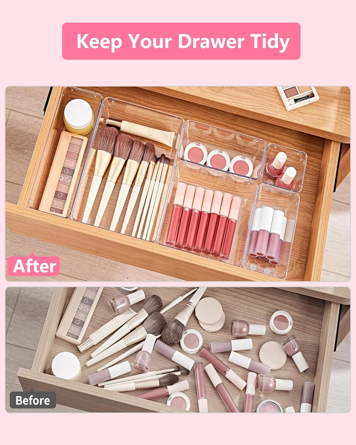 Clear Drawer Organizers Set of 13, 5-Size Vanity Organizer Trays, Stackable Bathroom & Desk Drawer Organizer for Makeup, Jewelry, Kitchen Utensils, Office Supplies and Small Gadgets Storage