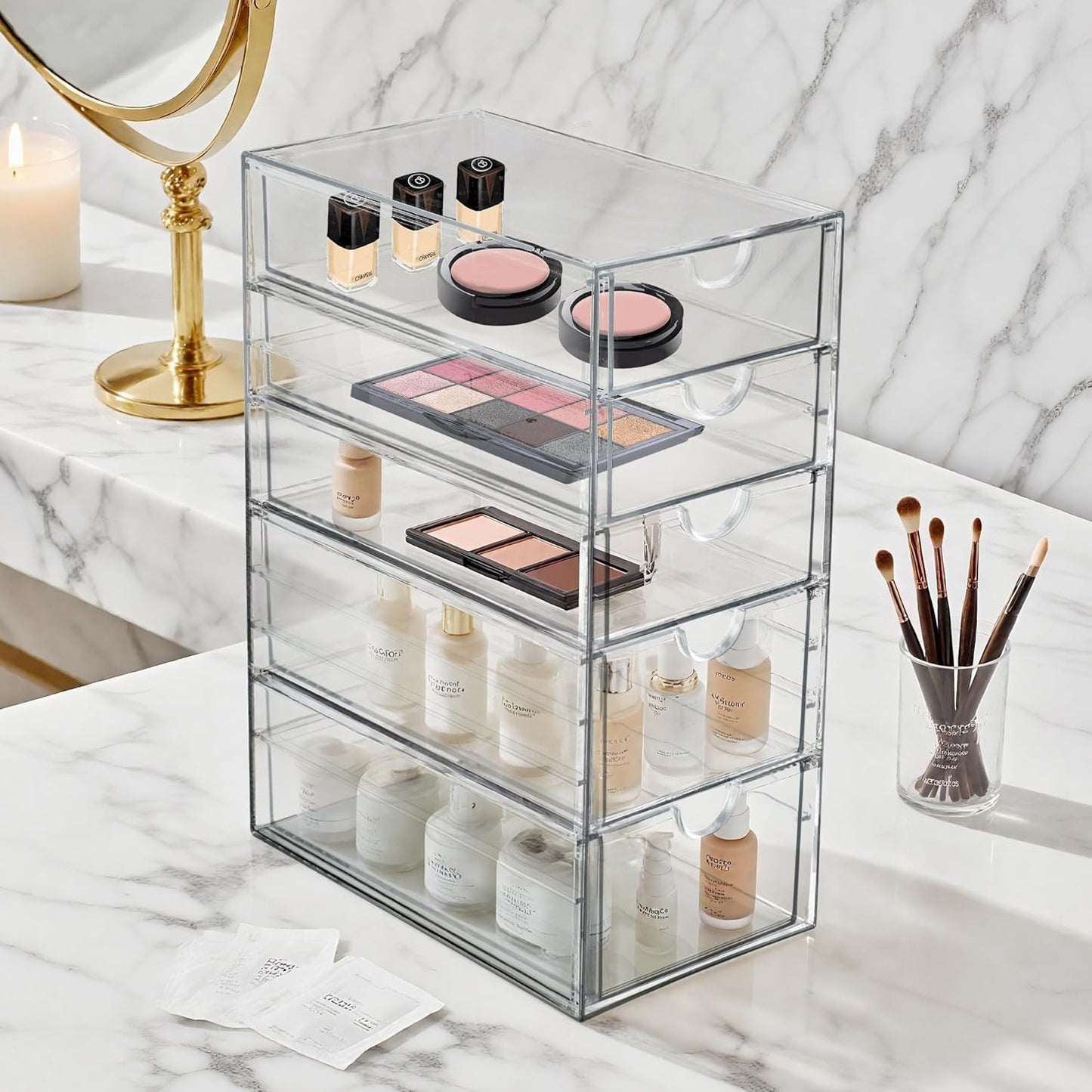 Prsildan Acrylic Makeup Organizer, 2 Pack Stackable Storage Drawers with 6 Drawers for Office Desk Vanity Craft Room Clear Drawer Organizers for Hair Accessories Art Supplies Cosmetics Modular System