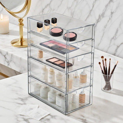 Prsildan Acrylic Makeup Organizer, 2 Pack Stackable Storage Drawers with 6 Drawers for Office Desk Vanity Craft Room Clear Drawer Organizers for Hair Accessories Art Supplies Cosmetics Modular System