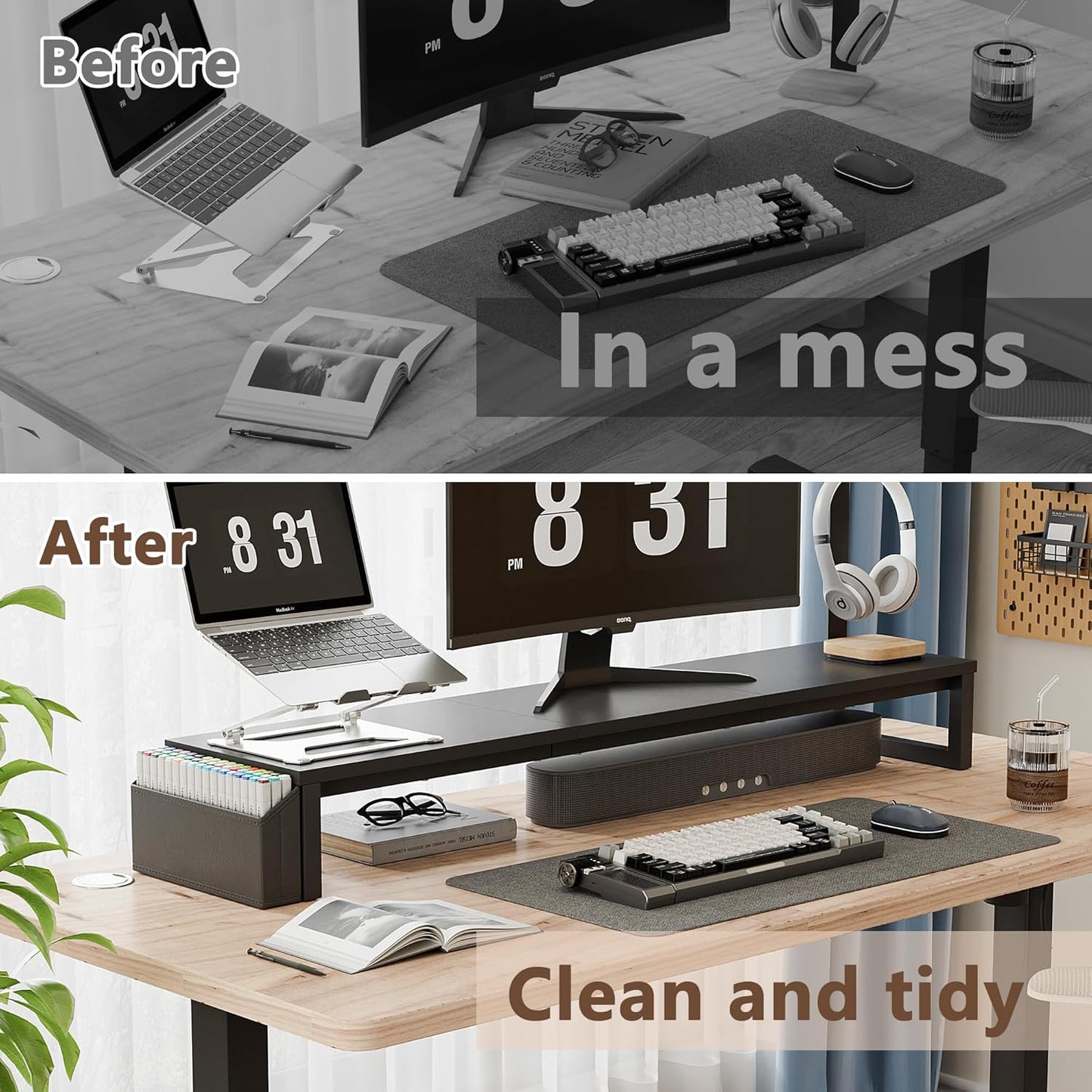 LAND·VOI Heavy Duty Dual Monitor Stand, Holds 2 Screens Up to 27 Inches, Adjustable Length and Angle Monitor Riser, Desk Organizer with Side Pockets and Drawers, Home Office Desk Storage, Rustic Brown