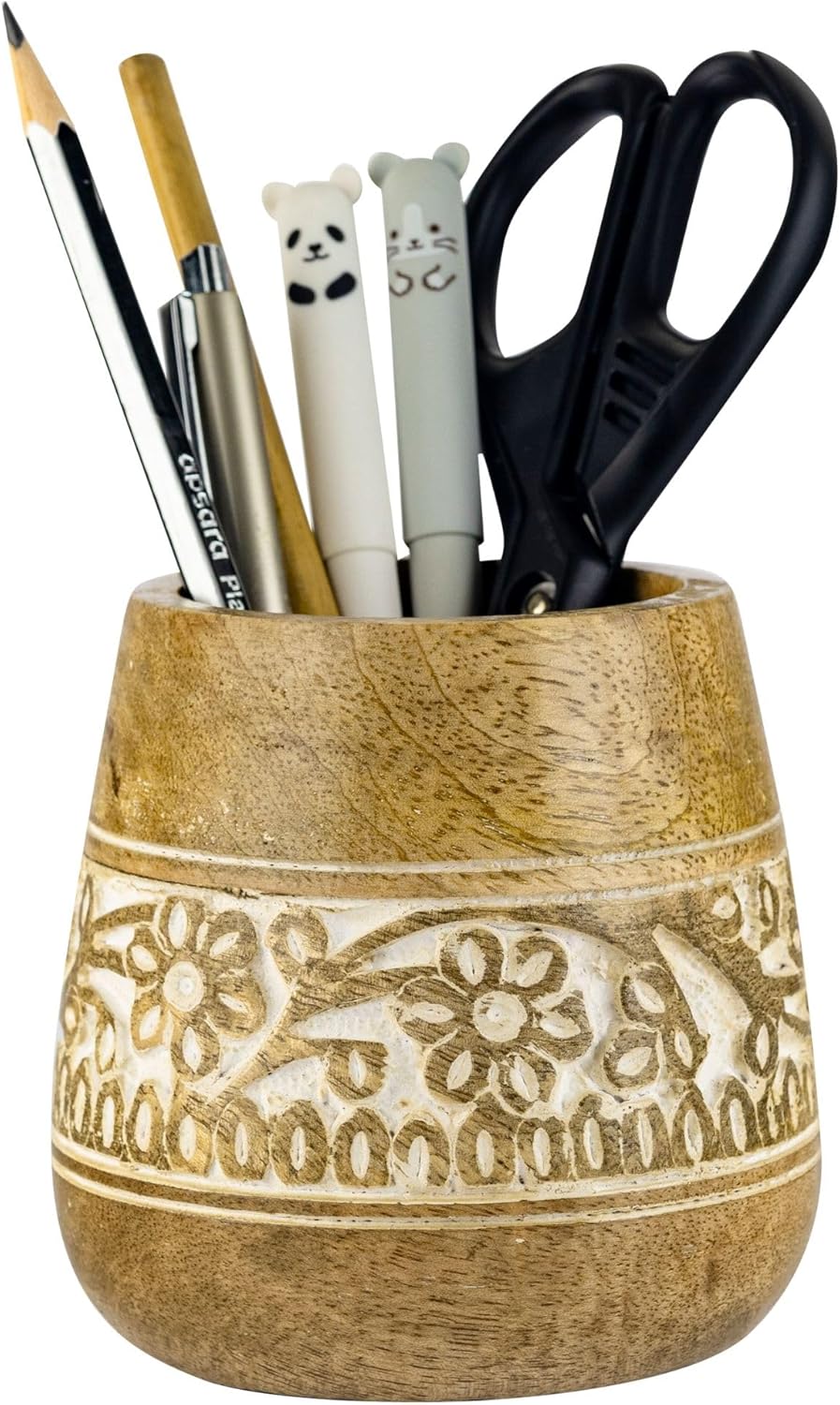 Mie Creations Designer Pencil Holder for Desk Wood | Wooden Pen Stand, Paintbrush Cup, Desk Accessories, Cute Make Up Brush Organizers | Office Desktop Stationery, Christmas Holidays Gift- 4'' Brown