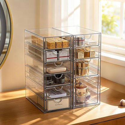Prsildan Acrylic Makeup Organizer, 2 Pack Stackable Storage Drawers with 6 Drawers for Office Desk Vanity Craft Room Clear Drawer Organizers for Hair Accessories Art Supplies Cosmetics Modular System