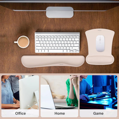 MOSISO Wrist Rest Support for Mouse Pad & Keyboard Set, Ergonomic Mousepad Non-Slip Base Home/Office Pain Relief & Easy Typing Cushion with Neoprene Cloth & Raised Memory Foam, Apricot