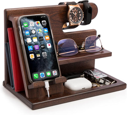 TESLYAR Wood Phone Docking Station for Men - Desktop or Nightstand Organizer - Birthday Gifts for Men, Dad - Anniversary Idea from Wife - Key Holder, Stand Wallet, Watch & Essentials (Granite Black)