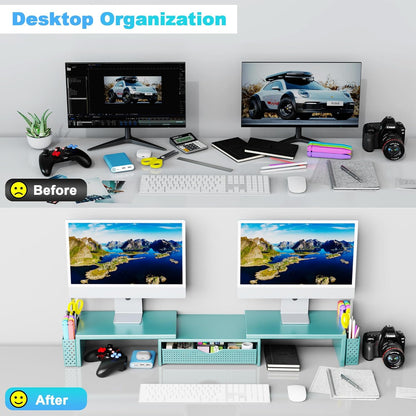 Spacrea Metal Desk Organizers and Accessories, Dual Monitor Stand Riser with Drawer and 2 Pen Holders, Book Racks, Desk Accessories & Workspace Desktop Organizers for Office Supplies (Black)