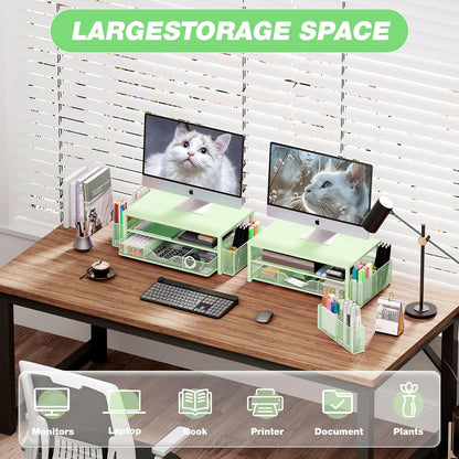 OPNICE Desk Organizers and Accessories, Computer Monitor Stand Riser with Drawer and 2 Pen Holders, Printer & Laptop Stand, Office Desk Accessories & Workspace Organizers for Home Office Supplies, Black