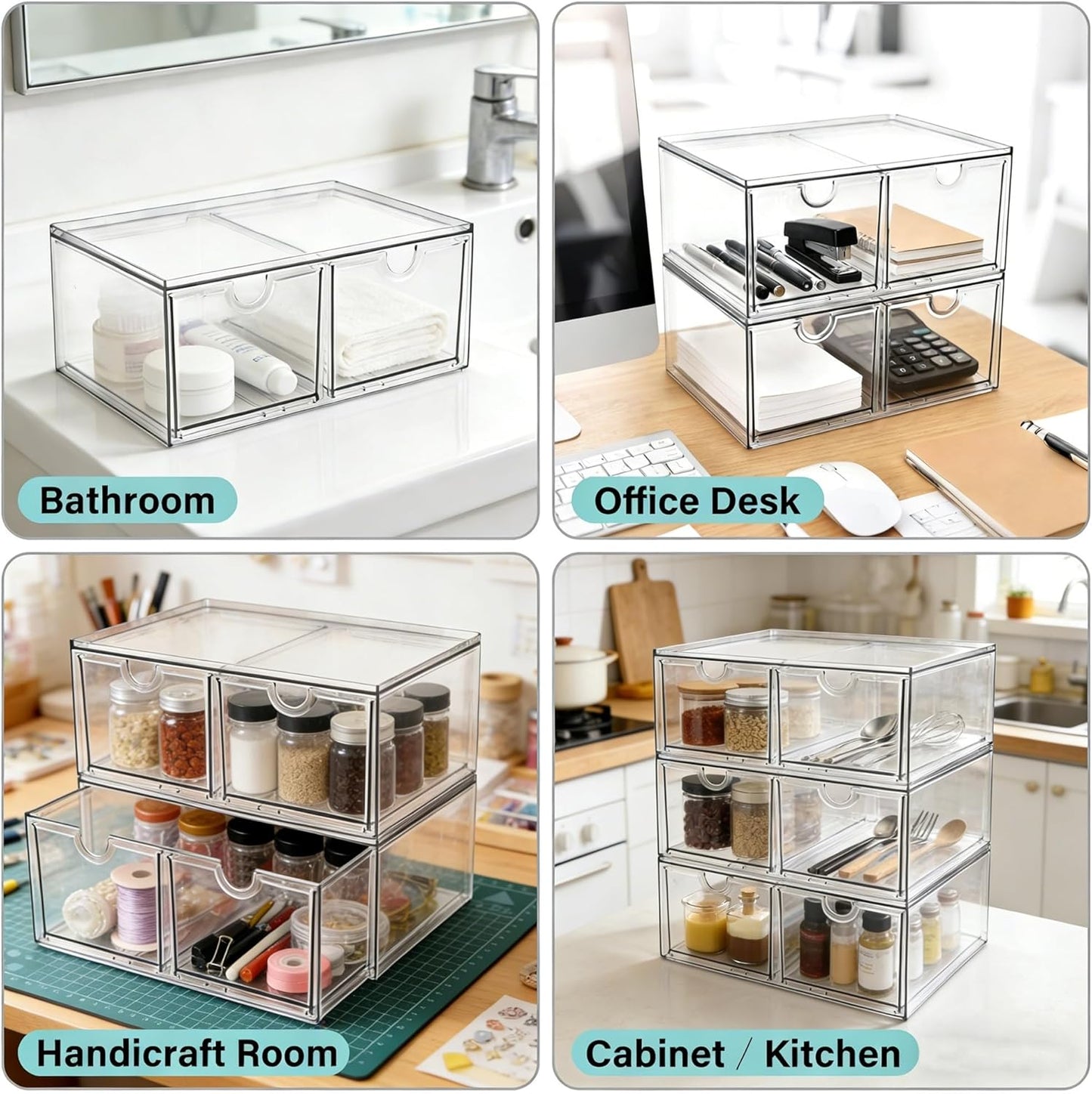 Prsildan Acrylic Makeup Organizer, 2 Pack Stackable Storage Drawers with 6 Drawers for Office Desk Vanity Craft Room Clear Drawer Organizers for Hair Accessories Art Supplies Cosmetics Modular System