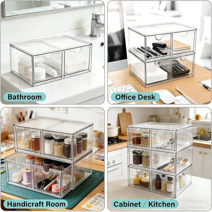 Prsildan Acrylic Makeup Organizer, 2 Pack Stackable Storage Drawers with 6 Drawers for Office Desk Vanity Craft Room Clear Drawer Organizers for Hair Accessories Art Supplies Cosmetics Modular System