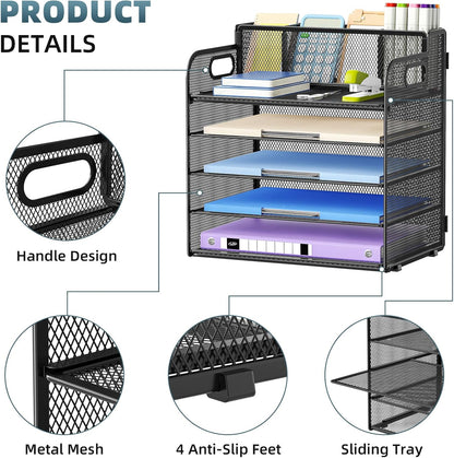 Marbrasse 5-Tier Letter Tray Paper Organizer with Handle, Multi-Functional Mesh File Organizer for Desk, Adjustable Compartments Mesh Desktop Storage for Office Supplies,Black