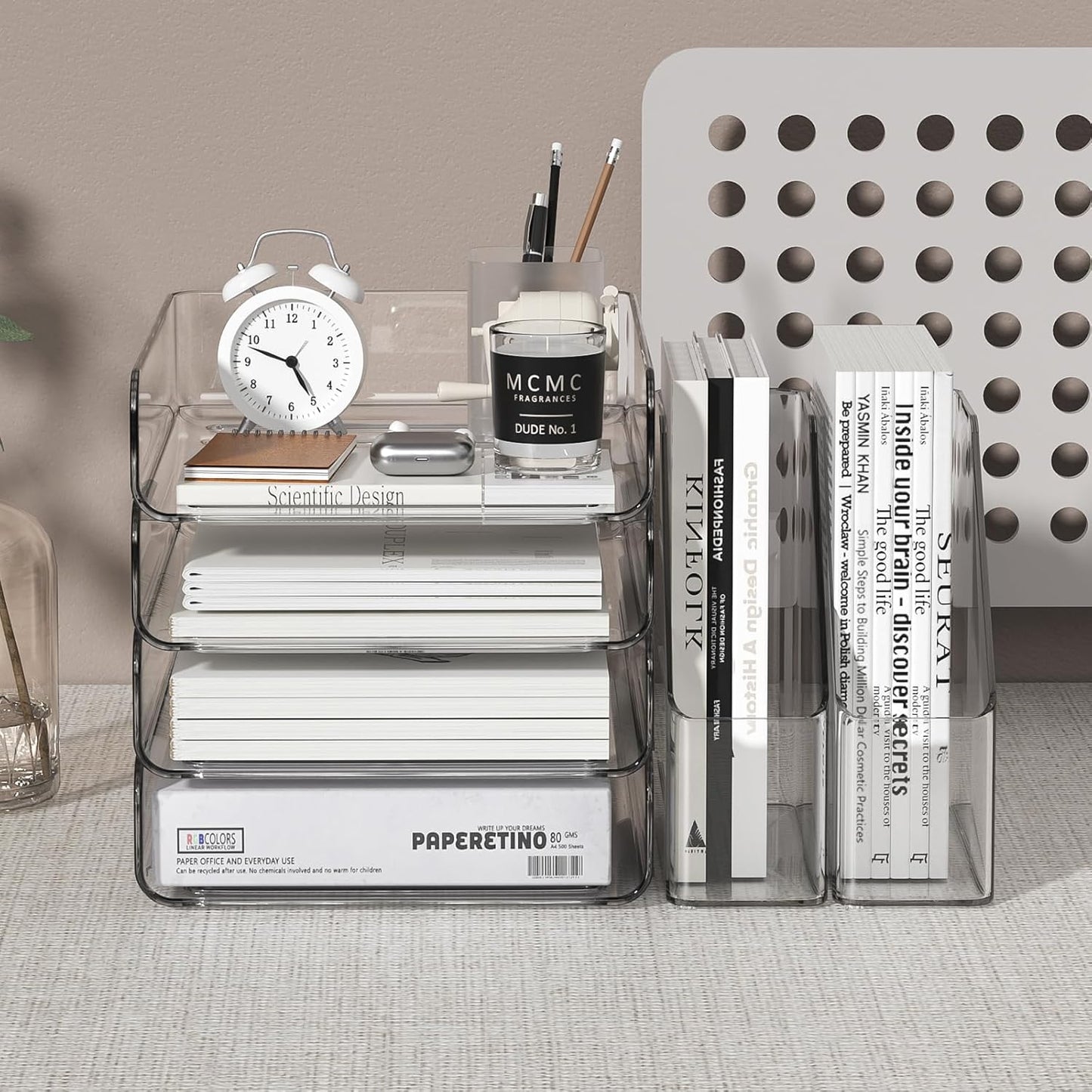 FANXIYQ 4-Tier Horizontal Acrylic Paper Tray Organizer with Bookends | Clear Stackable Desk Organizer for Documents, Letters, A4 Paper | Modern Office/Classroom/Home Organization