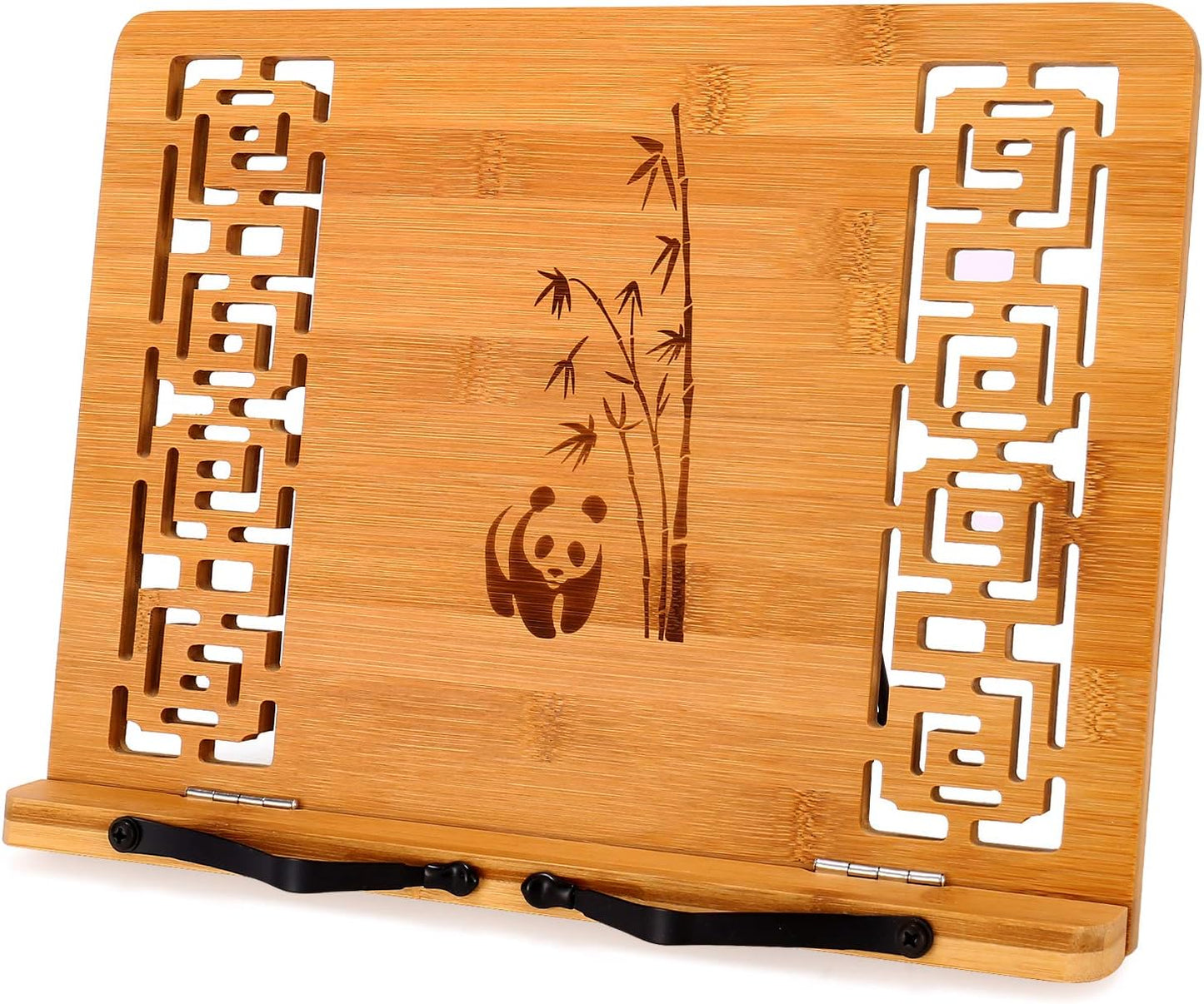 MEGREZ Bamboo Book Stand (13.2 x 9.4 inch) for Reading, Kitchen Cookbook Holder, Adjustable for Tablet/Textbook, Hollow Bookrest, Panda