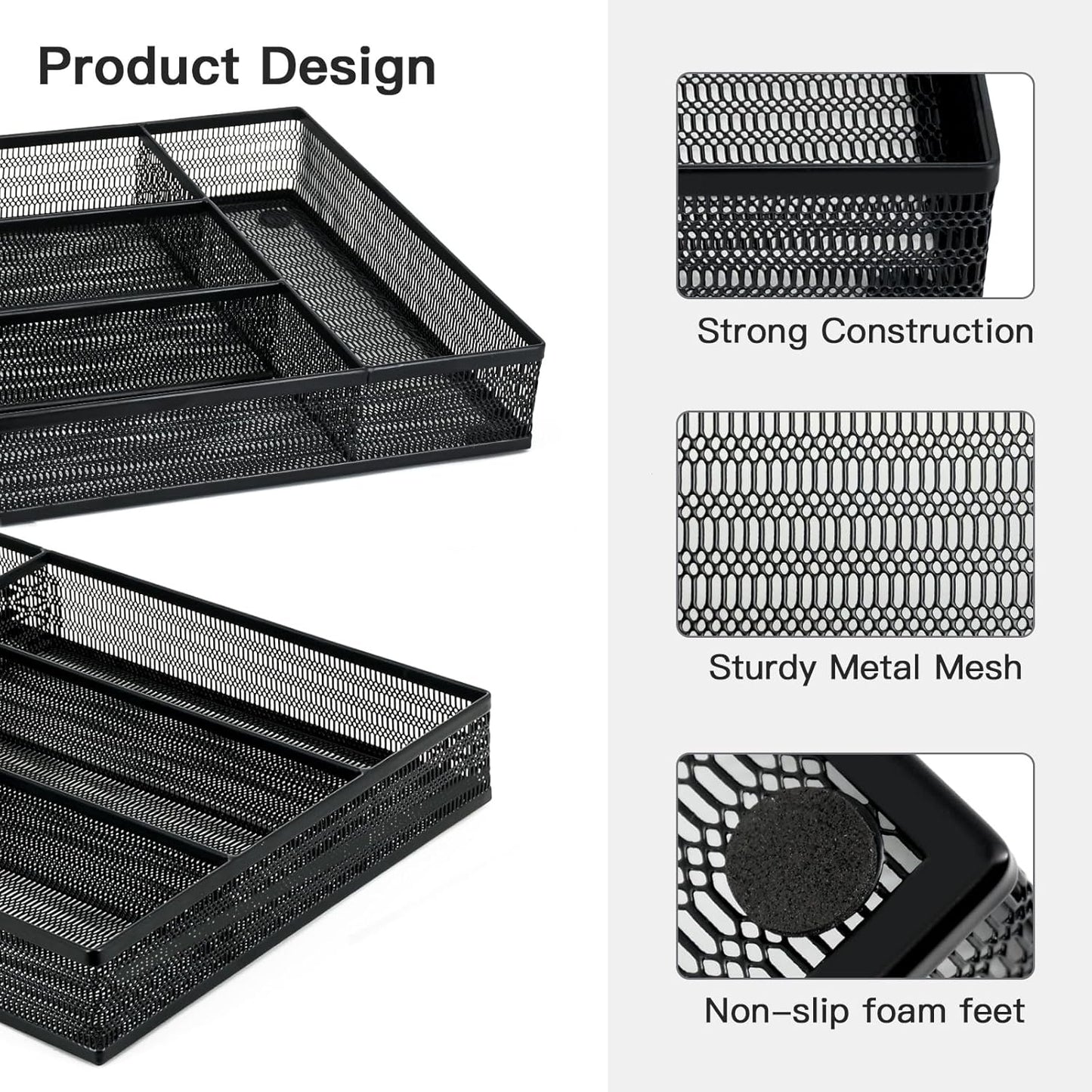 Neudeco Drawer Organizer Set 6 Pack - 5-Compartment Silverware Organizer Tray + 5 Utensil Trays, Kitchen Drawer Organizer for Flatware, Cutlery, Office Supplies, Black Mesh, Non-Slip.