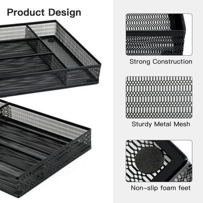 Neudeco Drawer Organizer Set 6 Pack - 5-Compartment Silverware Organizer Tray + 5 Utensil Trays, Kitchen Drawer Organizer for Flatware, Cutlery, Office Supplies, Black Mesh, Non-Slip.