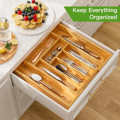 Pipishell Bamboo Expandable Silverware Drawer Organizer, Adjustable Kitchen Utensil Tray for Forks, Spoons and Knives, Wood Storage Cutlery Holder for Bedroom and Living Room