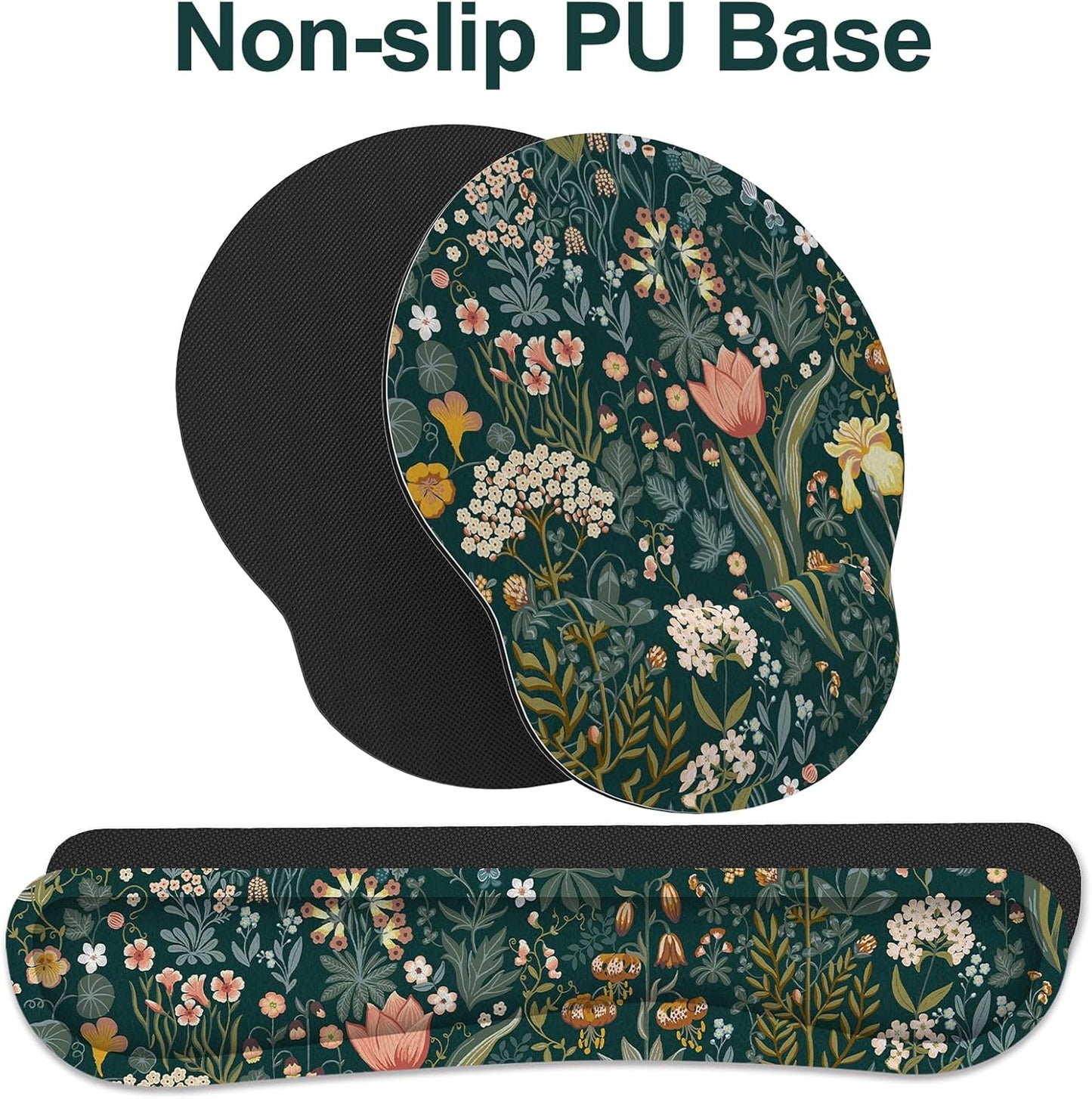 Ergonomic Mouse Pad with Wrist Rest and Keyboard Wrist Rest, Memory Foam Wrist Rest for Computer Keyboard, Easy Typing, Pain Relief, Mouse Pad Wrist Support for Gaming,Office, Laptop, Black Flower