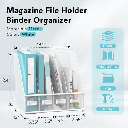 SUPEASY Magazine File Holder, Binder Holder Metal Desk Organizer with 4 Rack Compartments, File Organizer for Office Home School, Black