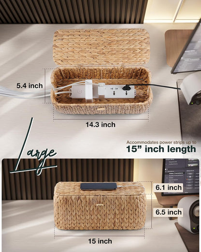 BLUEWEST Cable Management Box, Water Hyacinth Organizer Box, Durable Rattan Cable Organizer with Dual Open Slots for Desk, TV, or Office Cords, Stores Power Strips, USB Hubs, and Wires