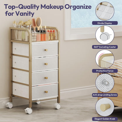 SWTYMIKI Rolling Makeup Organizer Cart - Under Desk Vanity Makeup Storage with 3 Non-woven Drawers, Nail Cart Organizer Cosmetic Display Cases Cabinet for Skin Care Perfume Nail Polish Brush Hair Tool