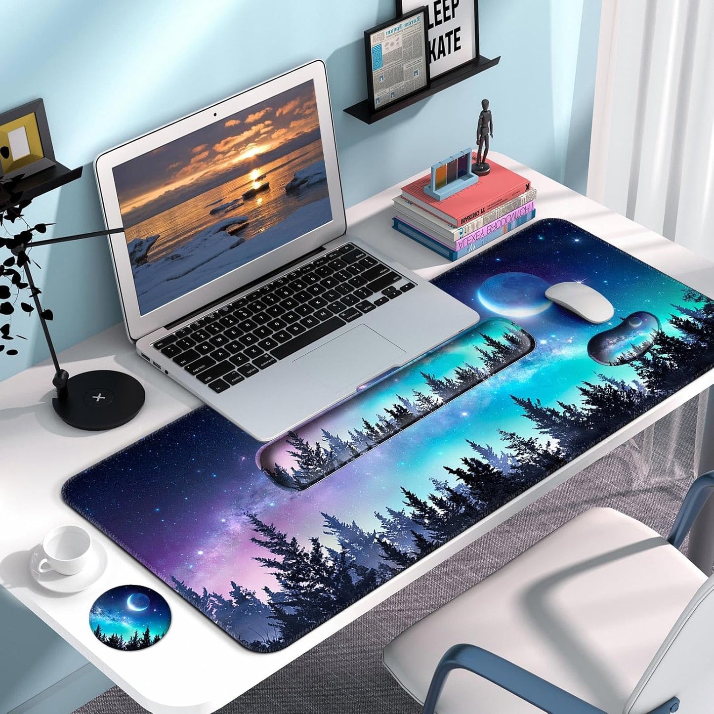 Keyboard Wrist Rest + Mouse Pad with Wrist Support + Desk Mat + Coaster 4 in 1 Set, XXL Large Gaming Mousepad Cute Ergonomic Mouse Pads for Desk Computer Laptop Office Decor-Beach