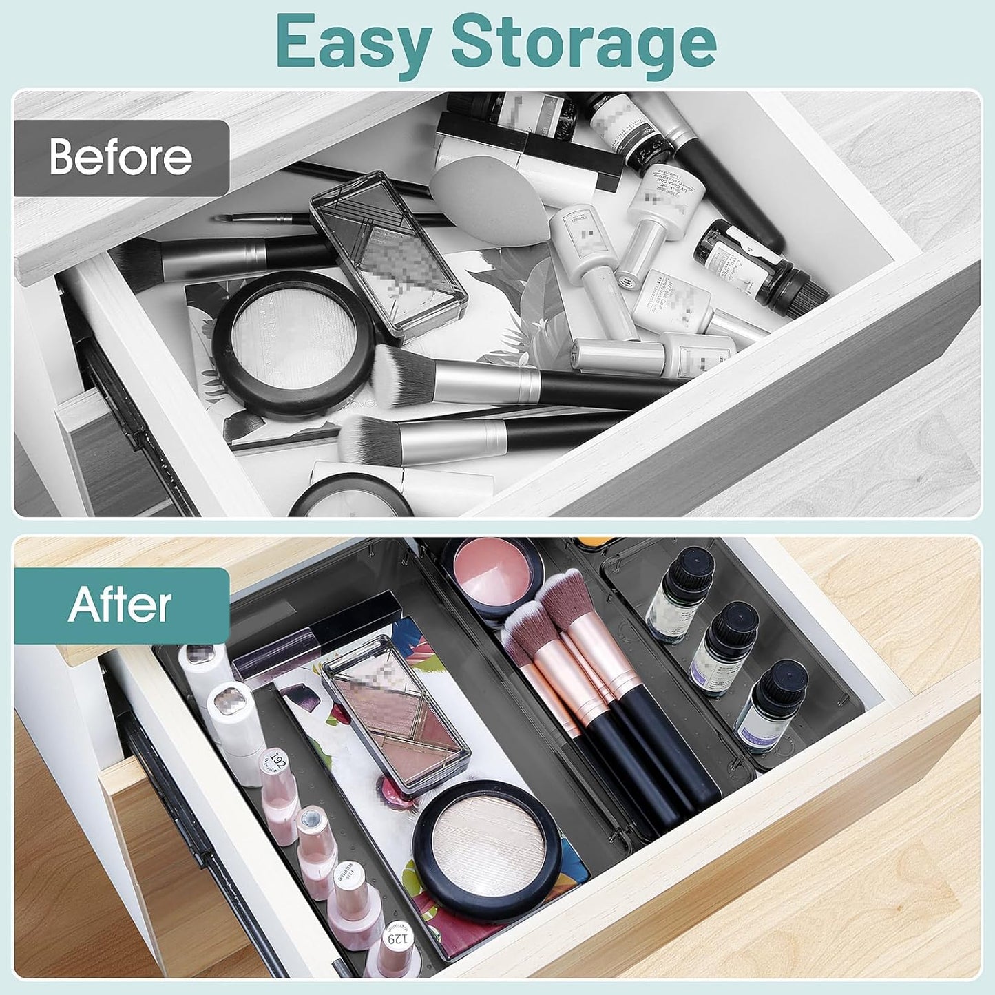 WOWBOX 30 PCS Clear Plastic Drawer Organizer Set, 5 Sizes Desk Drawer Divider Organizers and Storage Bins for Makeup, Jewelry, Gadgets for Kitchen, Bedroom, Bathroom, Office, Black