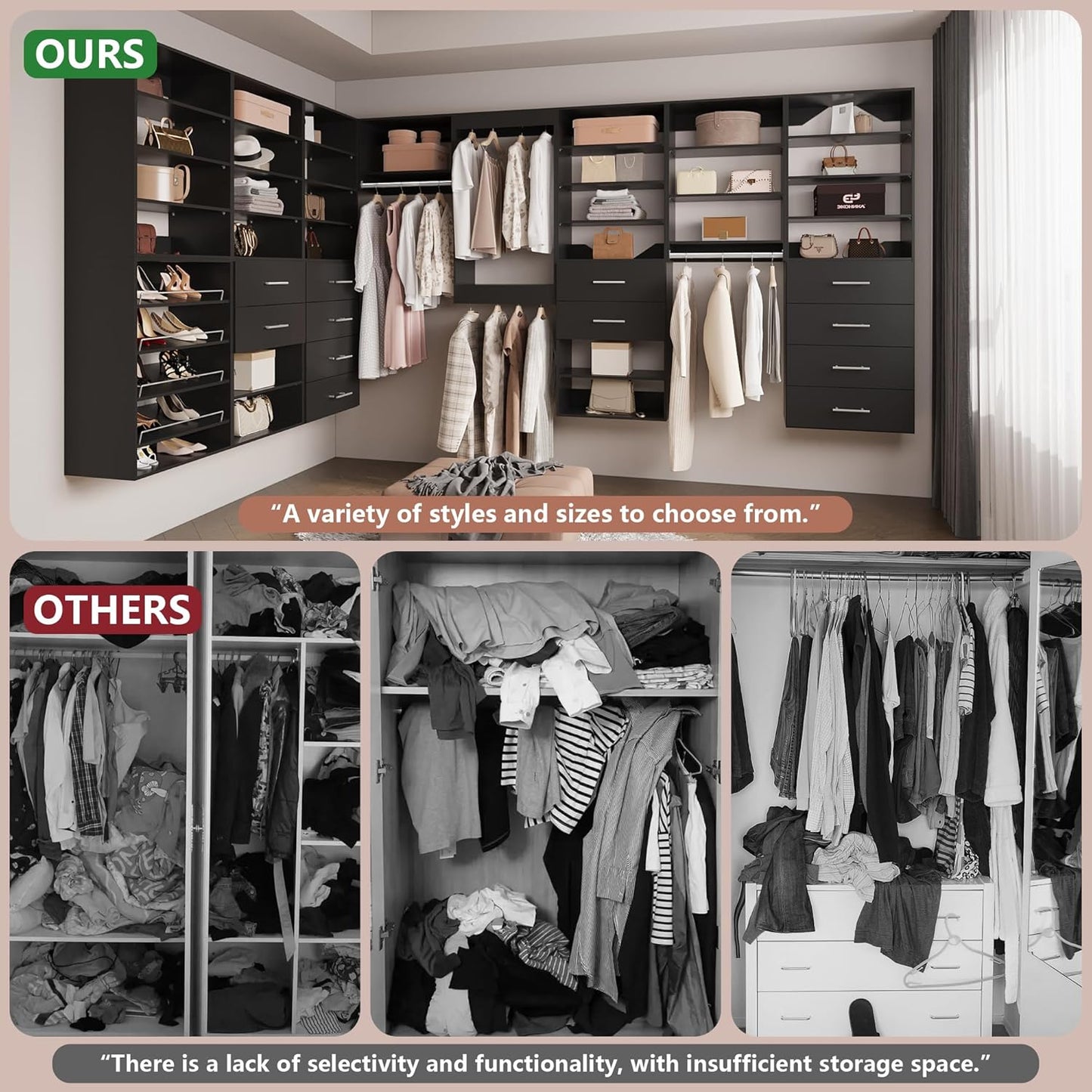4-Drawer Stackable Storage Organizer Unit for Closet, Modular Wood Closet Storage Bins with Drawers, Closet She-lf Organizer Basket for Hanging Clothes, Wood, 25.5"W